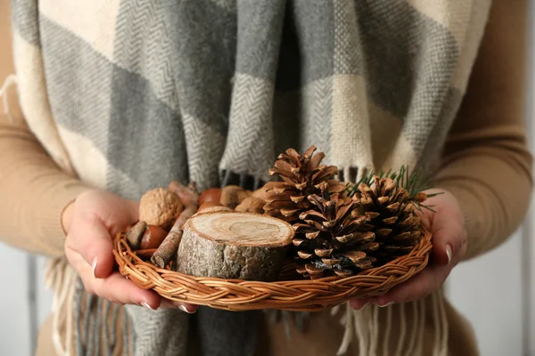 Woman holding  basket with nuts and evergreen