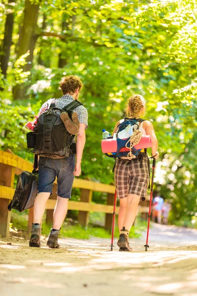 Couple hiking in forest pathway