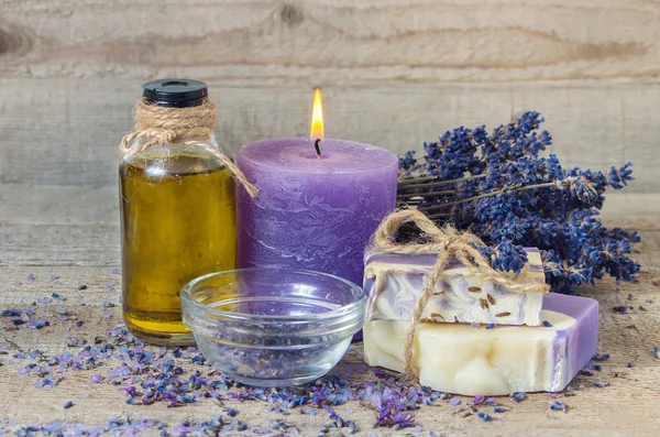 Lavender oil, lavender flowers, handmade soap and  sea salt with