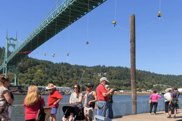 Greenpeace Activists Dangling Over St Johns Bridge with Onlooker