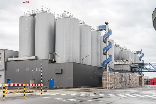 Huge, industrial containers with beer