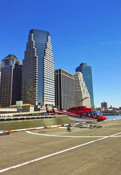 Helicopter landing on helipad in Lower Manhattan New York