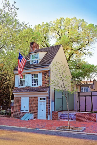 Betsy Ross house and Hanging American Flag in Philadelphia