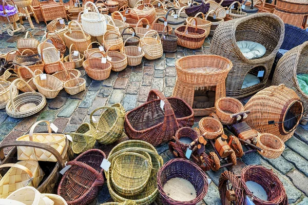 Various straw baskets at Christmas market in Riga