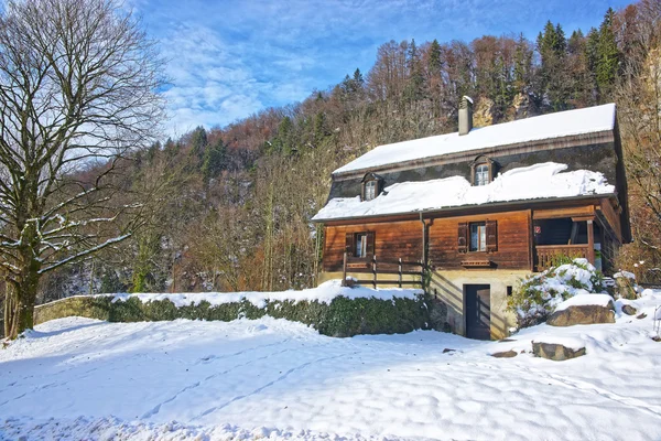 House near Salt Mine of Bex in winter Switzerland