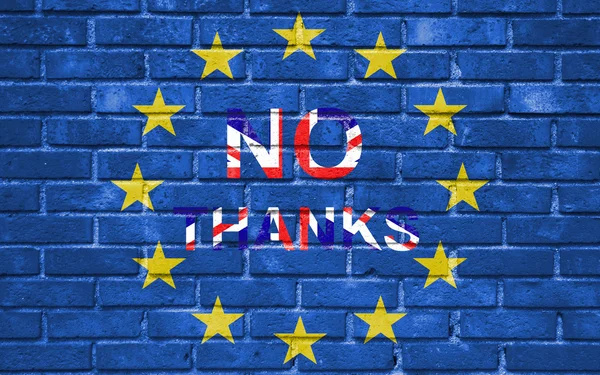Brexit blue european union EU flag on brick wall and word no thanks with great britain flag