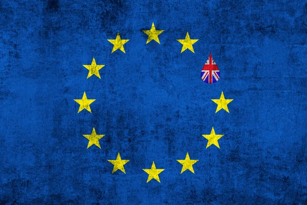 Brexit blue european union EU flag on grunge texture with drop and great britain flag inside