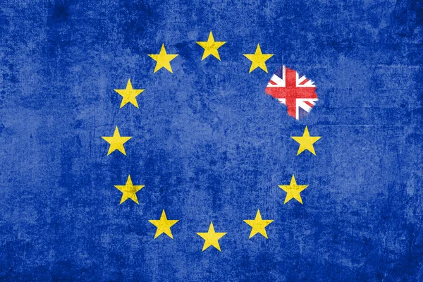 Brexit blue european union EU flag on grunge texture with eraser effect and great britain flag inside