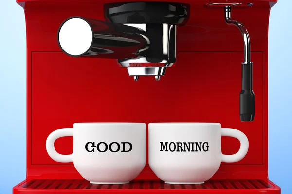 Espresso Coffee Making Machine and Cups with Good Morning Sign.