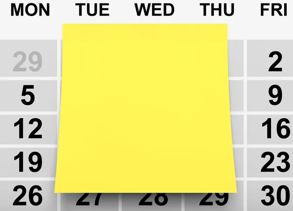 Yellow Note Paper over Calendar. 3d Rendering