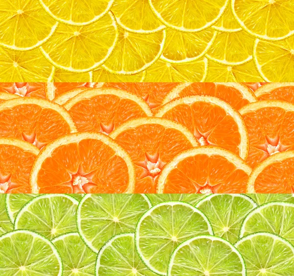 Collage with citrus-fruit of lime, lemon and orange slices. Top
