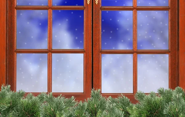 Window and night snow and christmas tree fir nature background