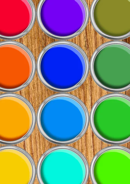 Paint cans color palette, cans opened top view on wooden table