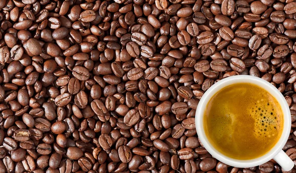 Close-up of coffee beans background and white coffee cup
