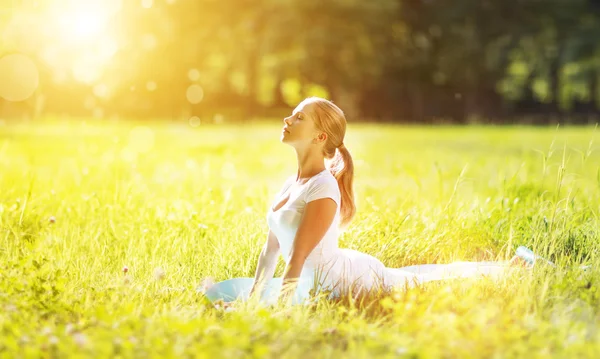Young woman enjoying fitness and yoga on green grass in summer