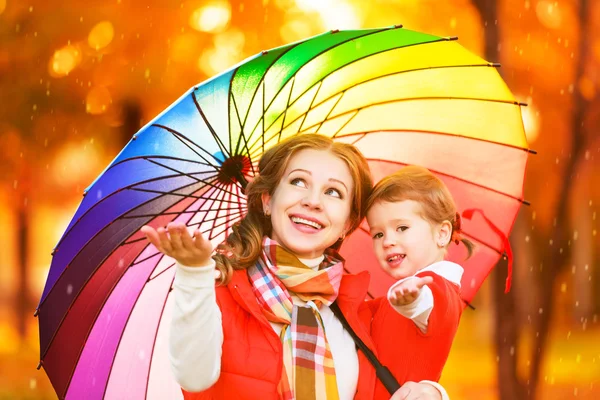 Happy family mum and child daughter with rainbow colored umbrell