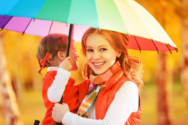 Happy family mum and child daughter with rainbow colored umbrell