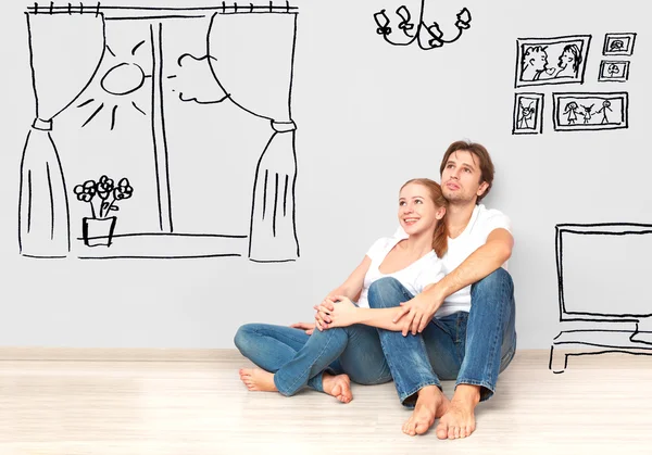 Concept : happy couple in  new apartment dream and plan interior