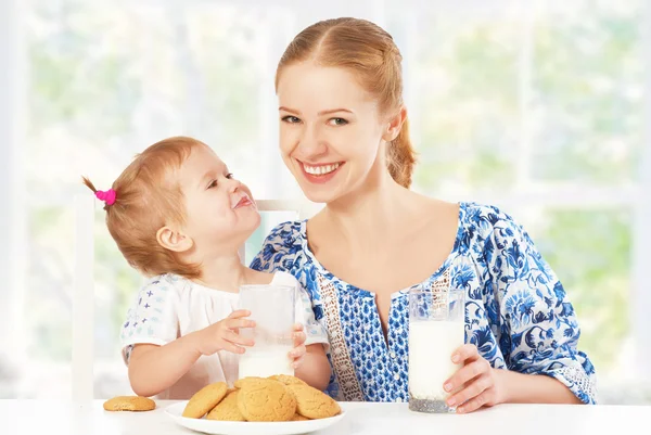 Happy family mother and baby daughter girl at breakfast: biscuit