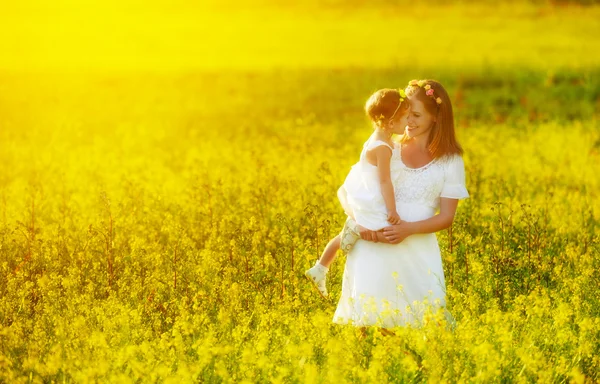 Happy family, mother and little daughter child in summer meadow