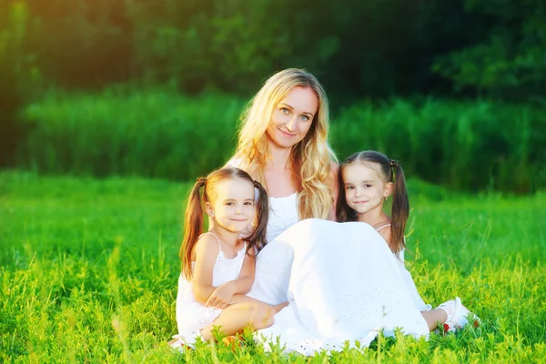 Happy family mother and children twin sisters on meadow in summe