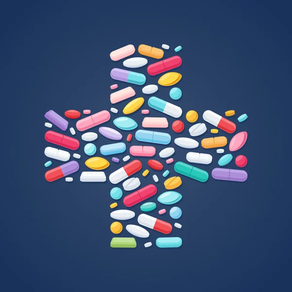 Colorful pills in cross shape background.