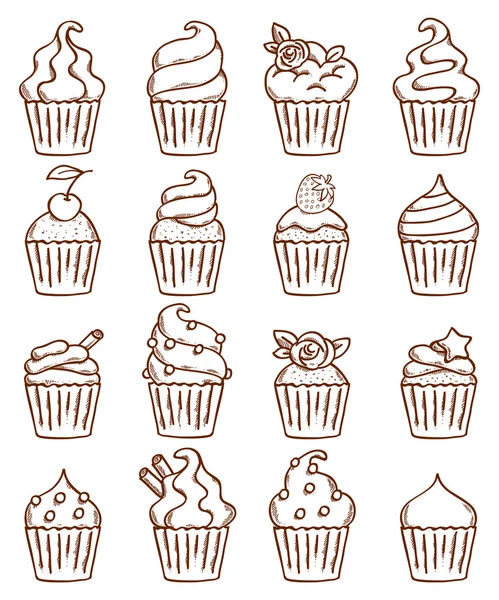 Sketch doodle style cupcakes set.