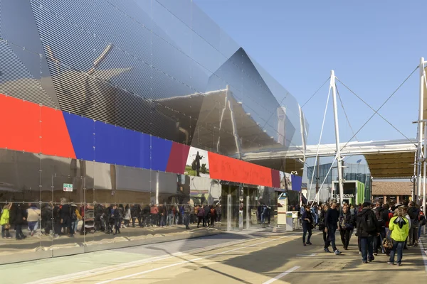 Visitors queue reflections on Rice cluster pavilions , EXPO 2015