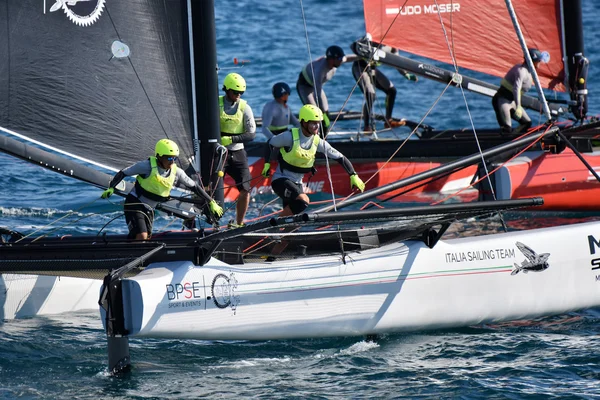 GENOA, ITALY - SEPTEMBER 25: last day of competition for M32 series mediterranean, a sailing fast catamaran competition organized during Genoa boat show 2016. on september 25, 2016 in Genova, Italy.