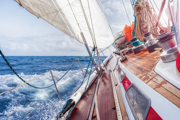 Sail boat navigating on the waves