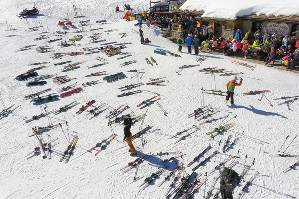 PILA, ITALY - MARCH 07, 2015: Lunch break for skiers on the slope in european mountain resort