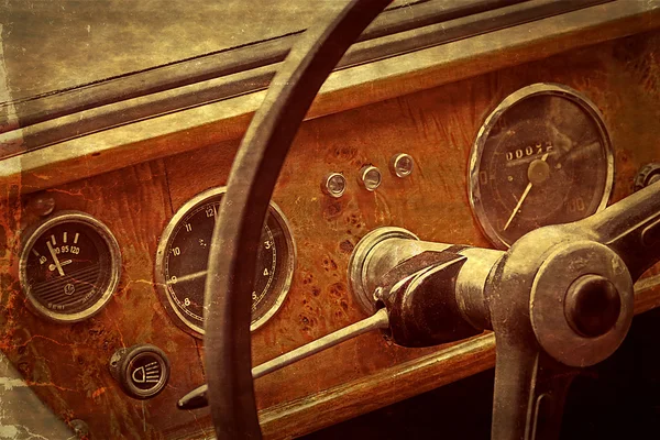 Old postcard with driver\'s cockpit of a vintage classic car 6
