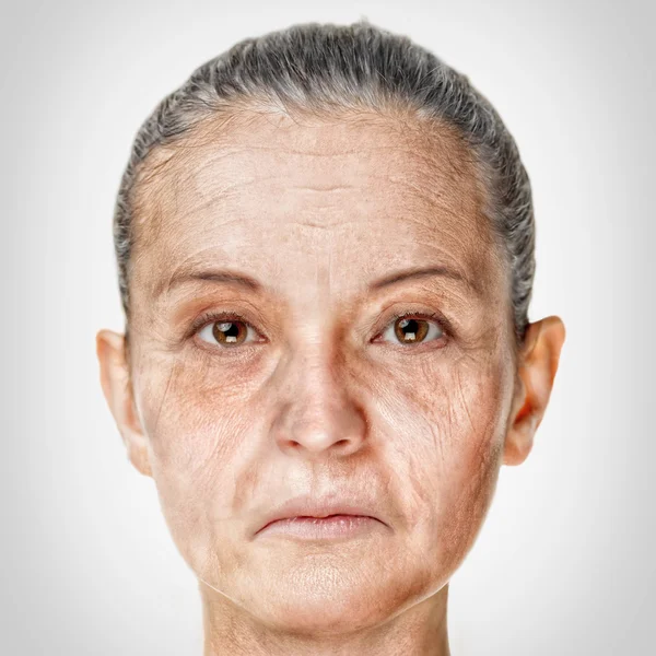 Old woman face portrait, aging process