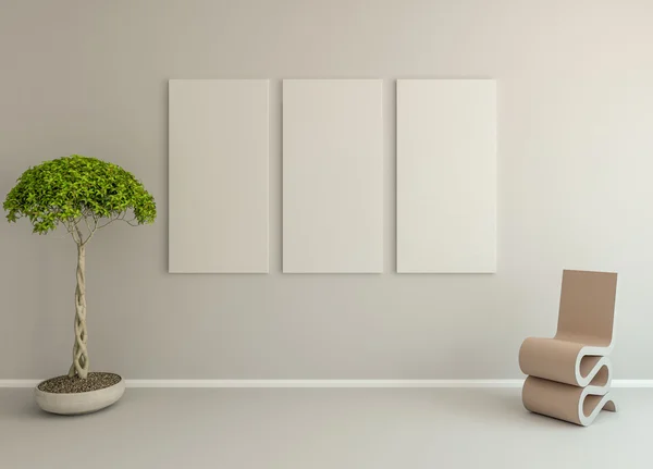 3 canvas on the white wall with plant and chair.