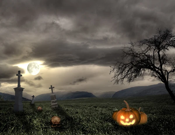 Spooky Halloween graveyard with pumpkin