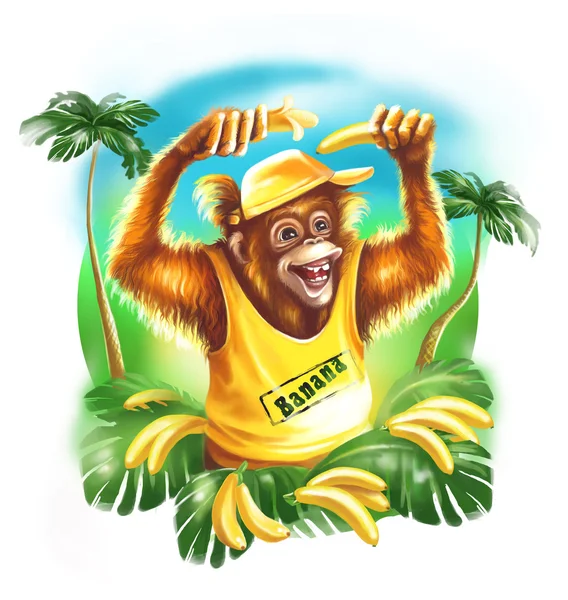 Redhead monkey in yellow shirt collects bananas on the plantation.  Digital illustration.