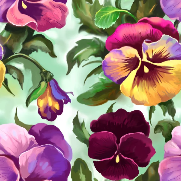 Pansy floral seamless pattern. Digital art. Digital painting.