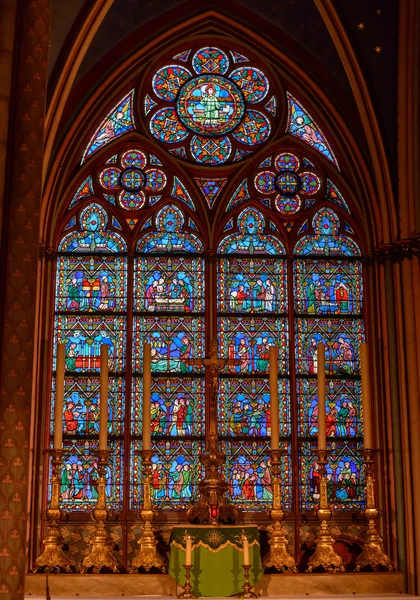The interior of Notre-Dame Cathedral in Paris. Scenes from the life of Jesus Christ
