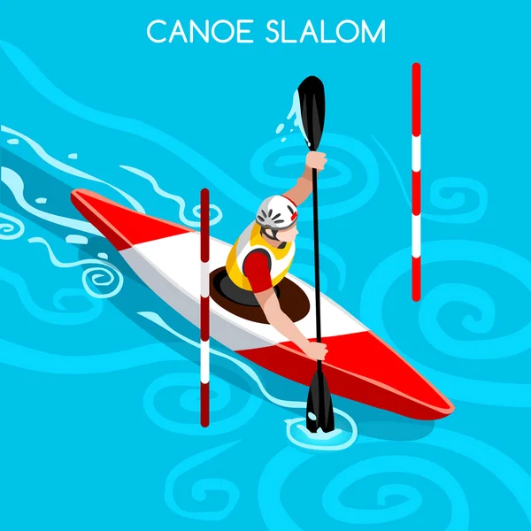 Kayak Slalom Canoe Summer Games Icon Set.3D Isometric Canoeist Paddler.Slalom Kayak Sporting Competition Race.Sport Infographic Kayak Slalom Vector Illustration