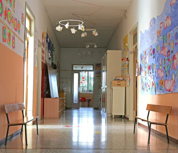 Corridor of the atrium of the kindergarten with drawings