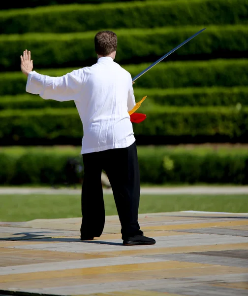 Master of martial arts Tai Chi is training with sword in public
