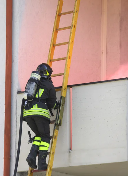 Firefighter with oxygen cylinder climbing a wooden ladder