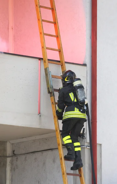 Firefighter with oxygen cylinder wood climbing a ladder