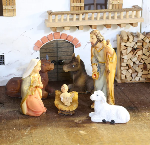 Classic nativity scene with baby Jesus in the manger with mother