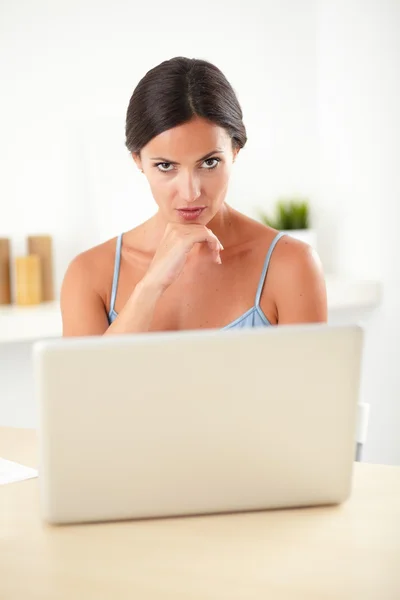 Stylish woman in blue blouse studying on laptop