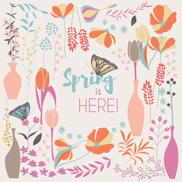 Floral spring card design, with hand drawn flowers, floral elements and monarch butterflies