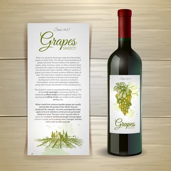 Wine bottle with label. Wine and grapes