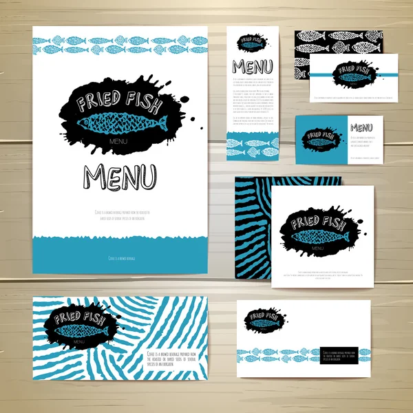 Fried fish restaurant menu concept design. Corporate identity. Document template