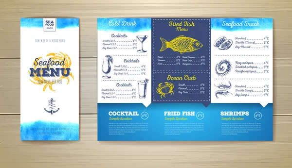 Watercolor Seafood menu design. Corporate identity. Document template