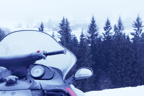 Side view of Snowmobile in winter mountains with forest
